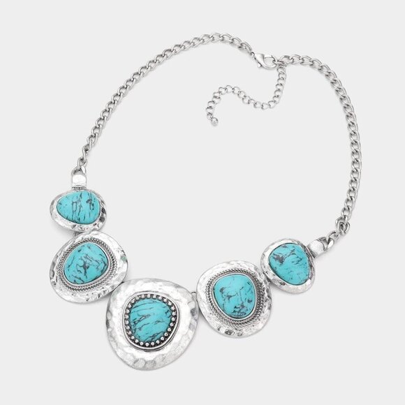 NEW Boho Turquoise Antique Silver Metal Western Necklace Set